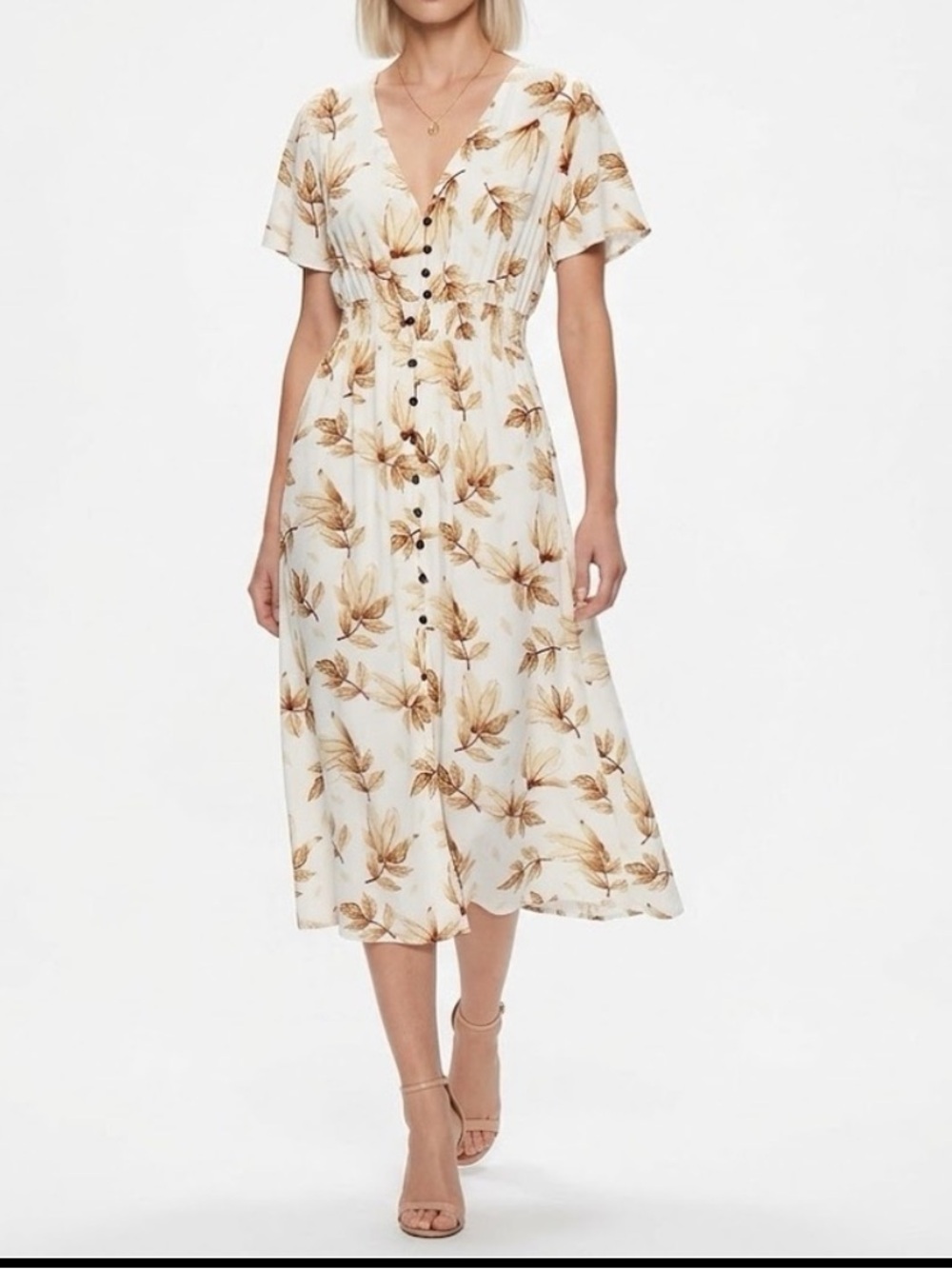 NEW Boho Autumn Leaf Midi Dress MEDIUM Beige Split Sides NWOT